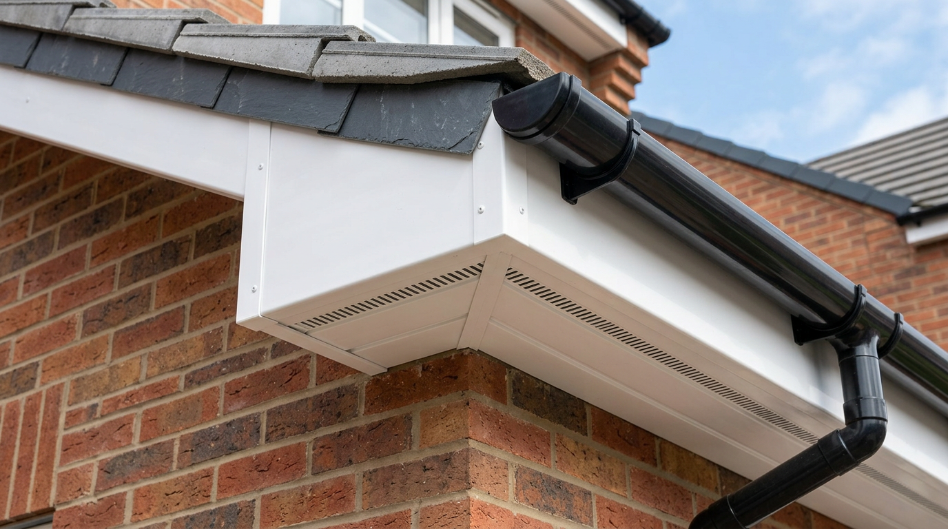 White fascia and soffit meeting neatly at the roof eave