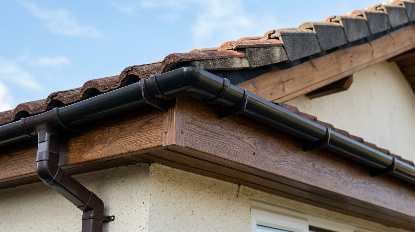 Brown woodgrain-effect UPVC fascia boards fitted along a roof edge