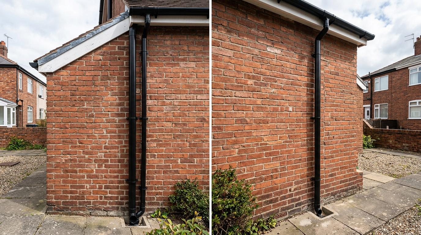 Black UPVC downpipe running neatly down a house wall
