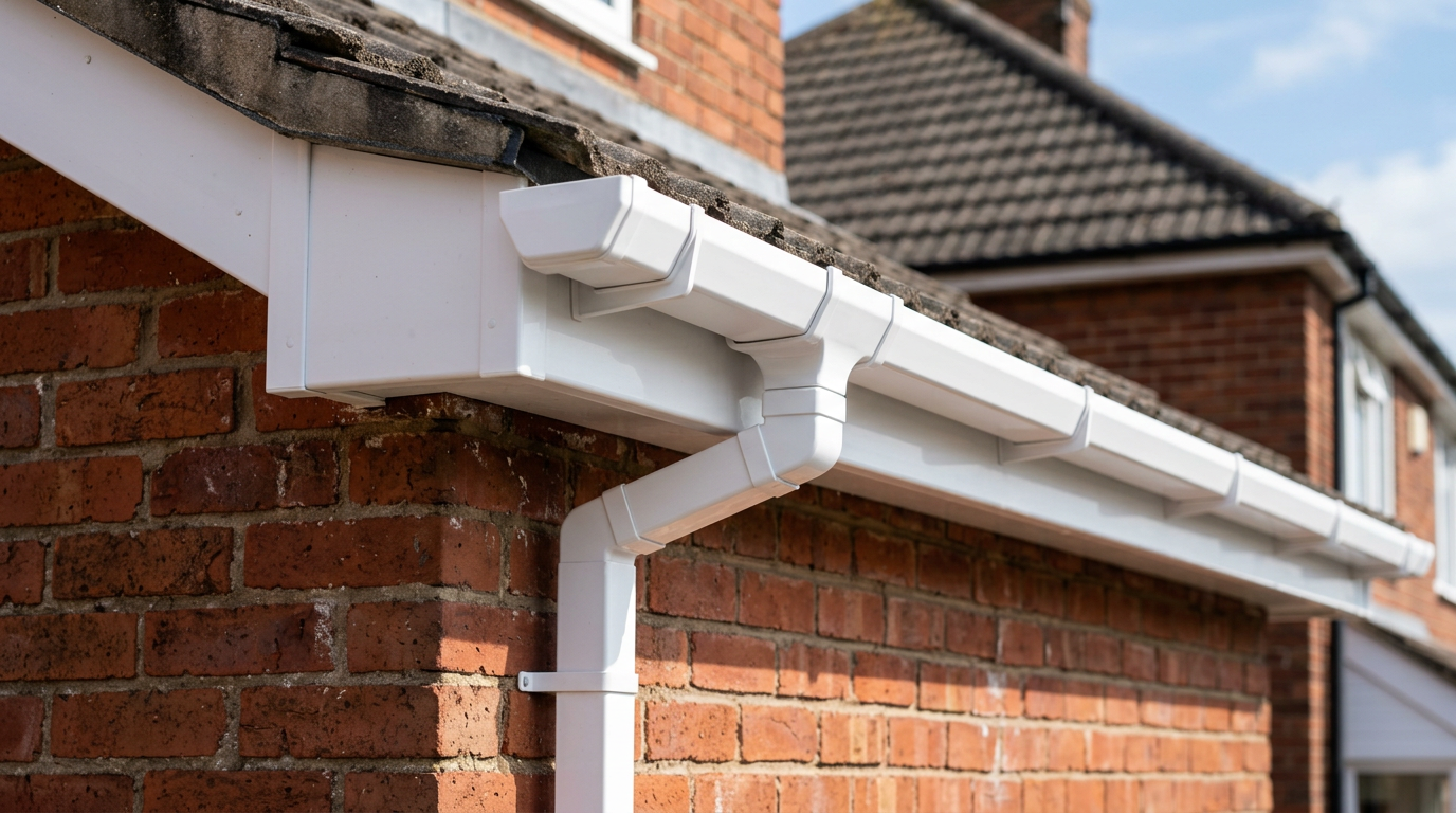 New white UPVC guttering installed along a roofline