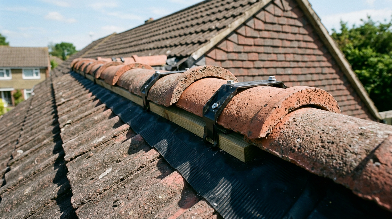 Close-up of dry ridge tile fixings on a pitched roof