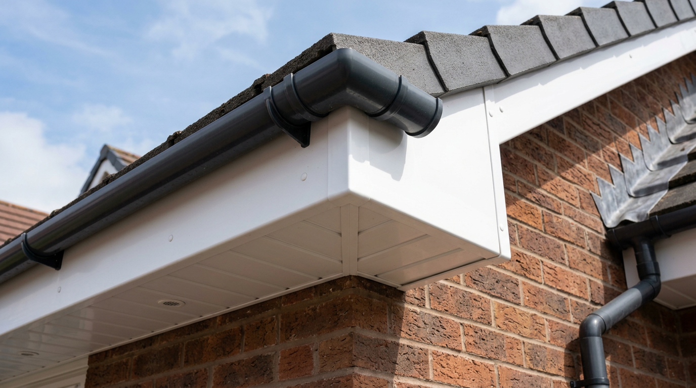 Corner detail of soffit and fascia on a UK roof