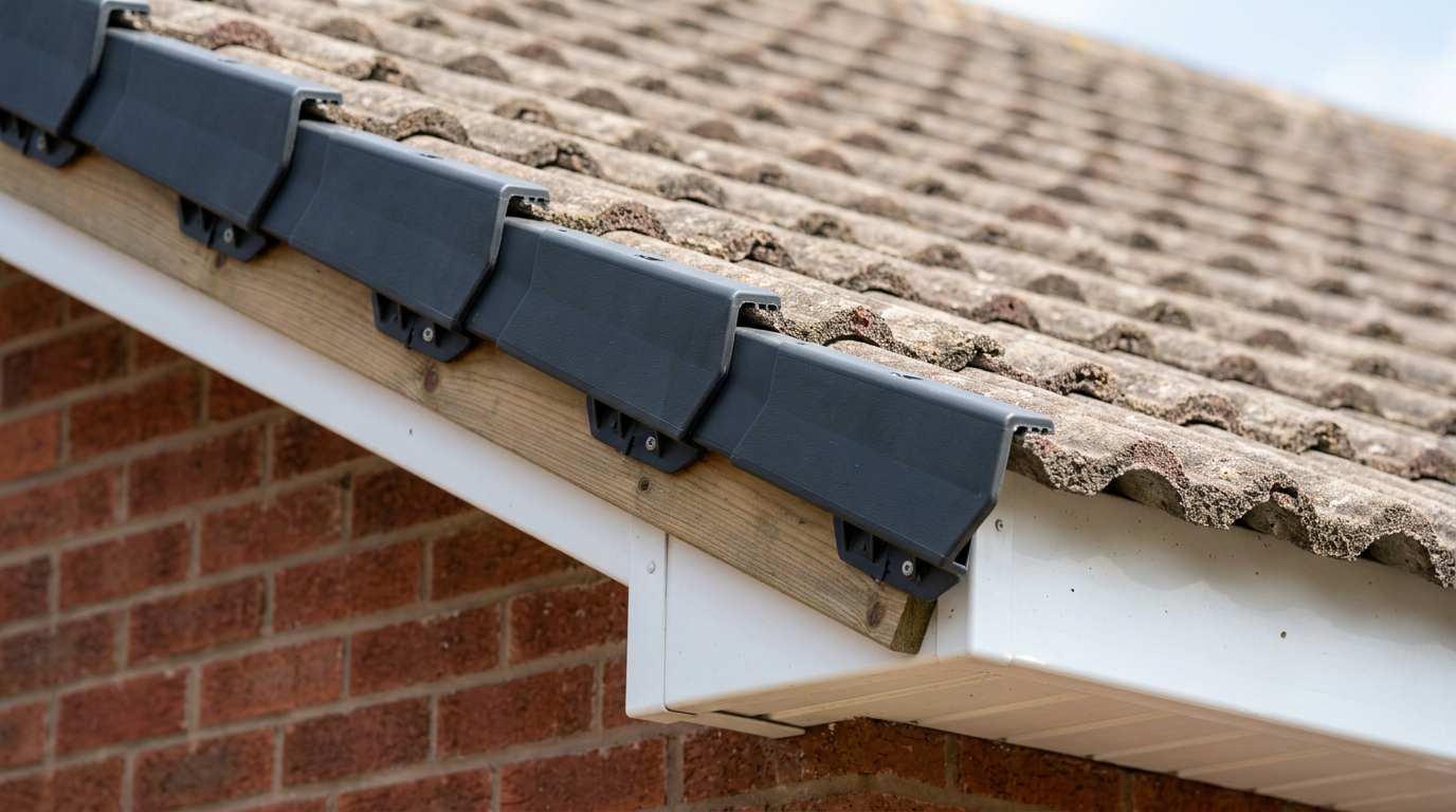 Close-up of dry verge caps along sloping roof tiles